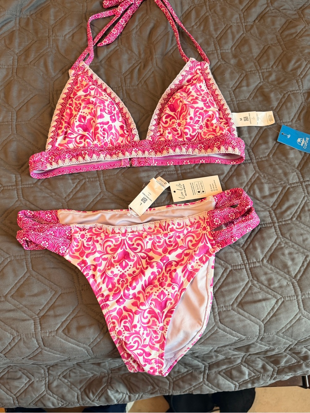 Cupshe Pink Floral Print Girls Two-Piece Swim Bikini M-top L-bottom